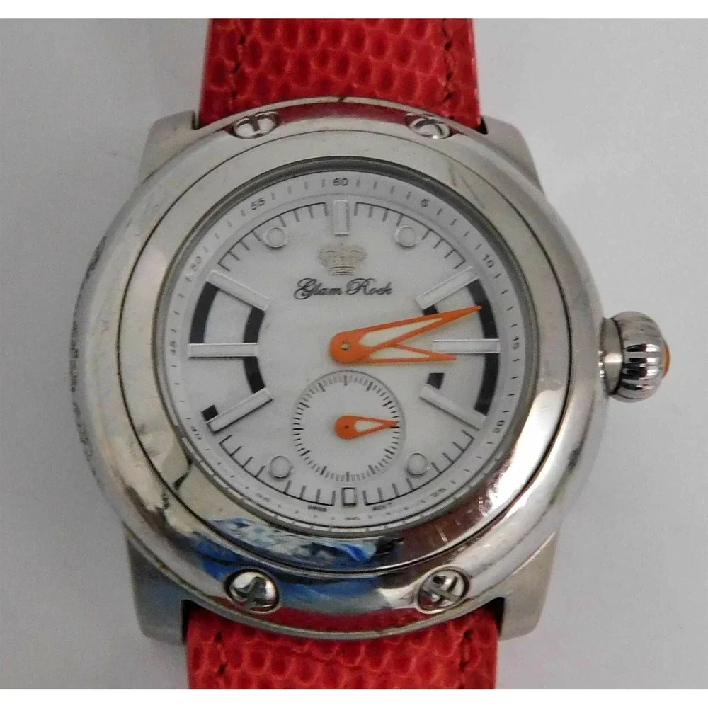 Glam Rock‎ GR30003 Large Silver Face Watch Red Reptile Leather Strap